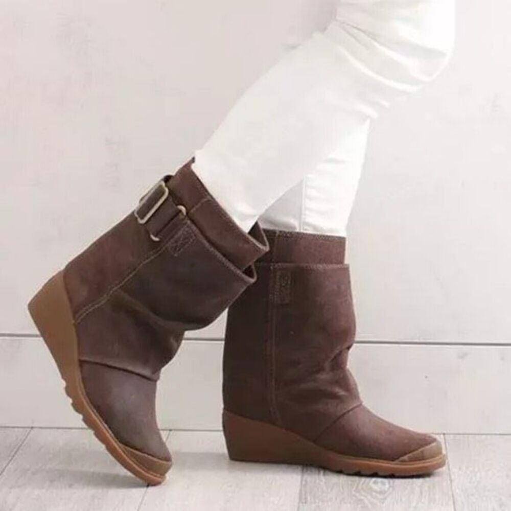 New Sorel‎ Toronto Mid Wedge Bootie Leather Brass Buckle  -Brown size 9